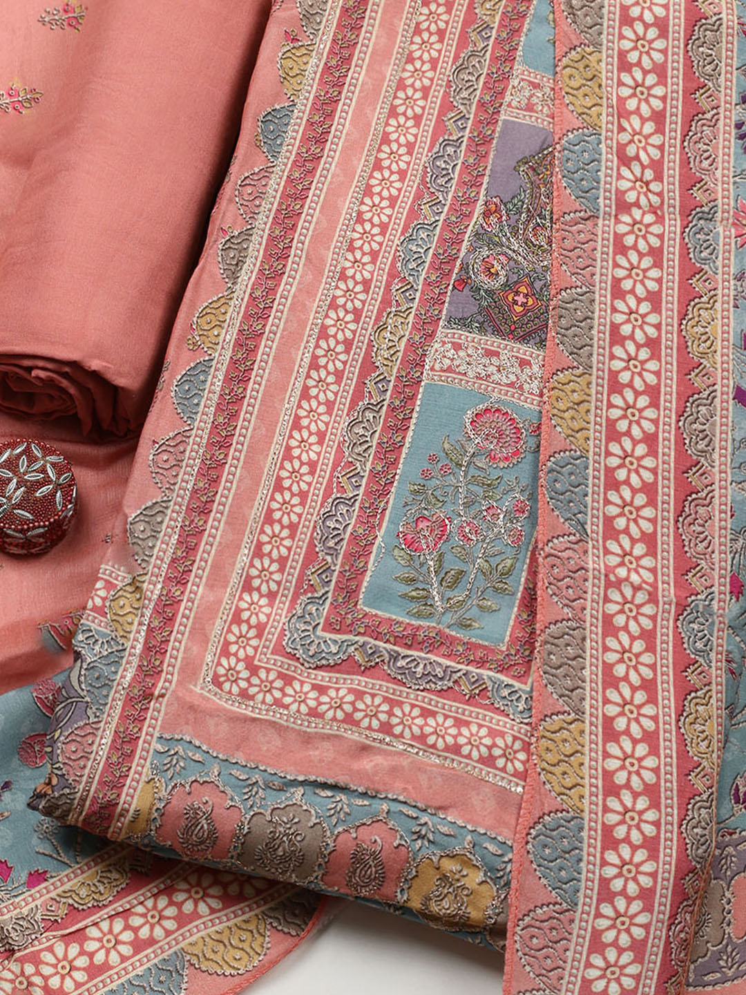 Embroidered Muslin Unstitched Suit With Pant &amp; Dupatta