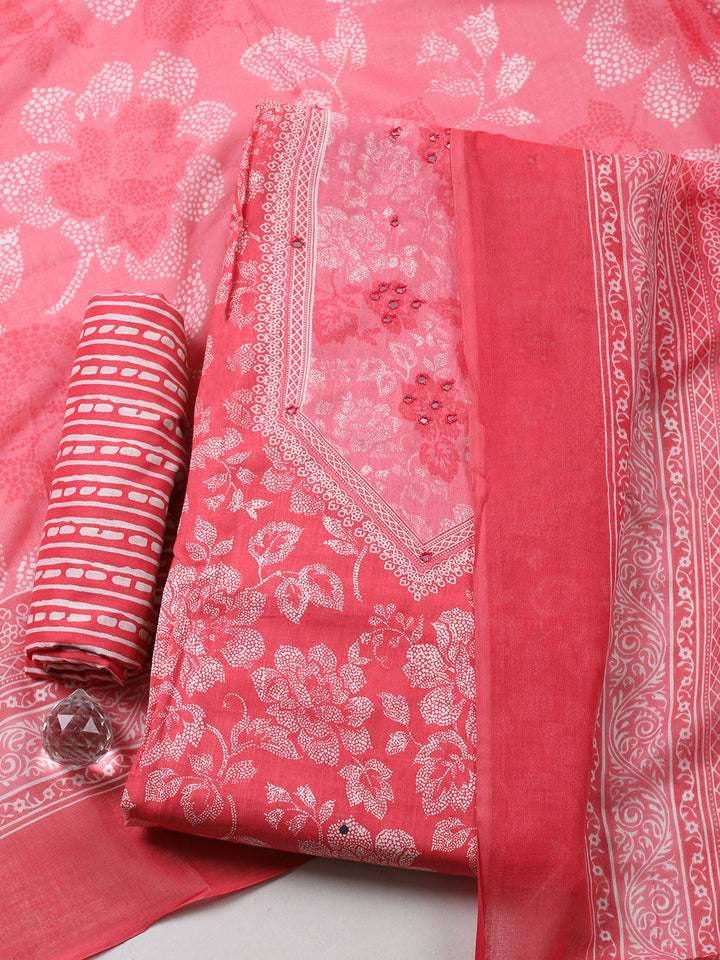 Printed Cotton Blend Unstitched Suit With Pant &amp; Dupatta