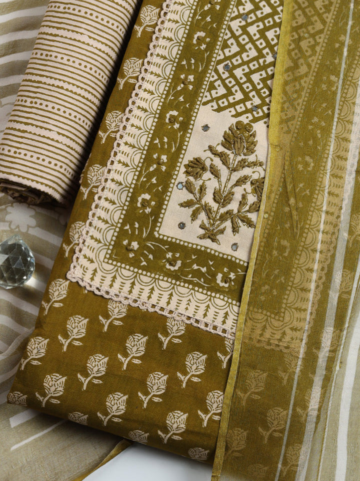Embroidered Cotton Blend Unstitched Suit With Pant &amp; Dupatta