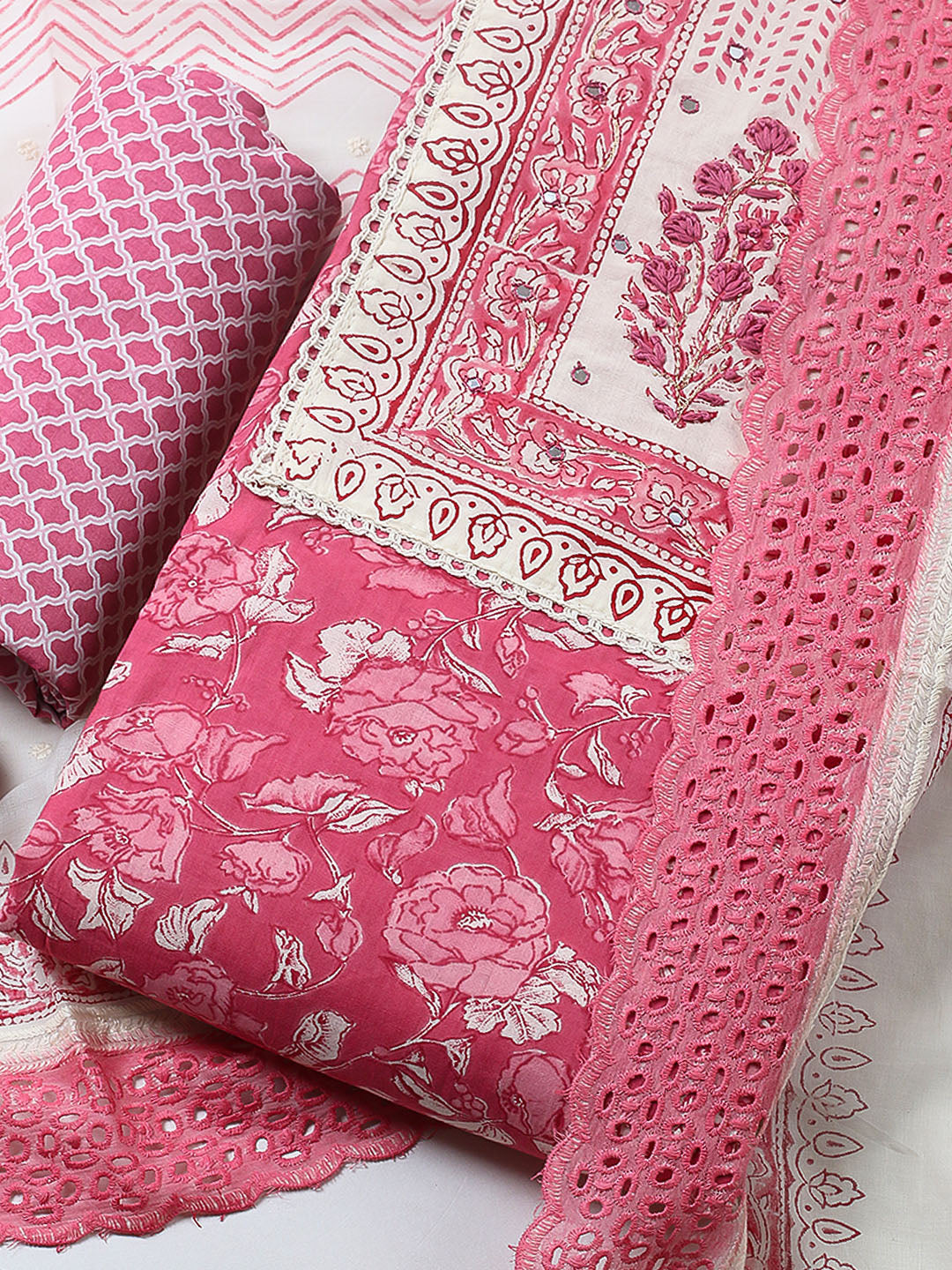 Embroidered Cotton Blend Unstitched Suit With Pant &amp; Dupatta