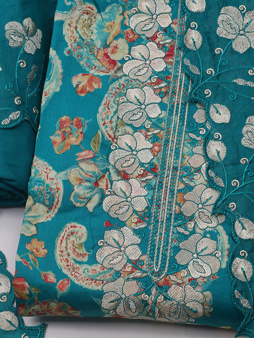 Neck Embroidered Cotton Blend Unstitched Suit With Dupatta