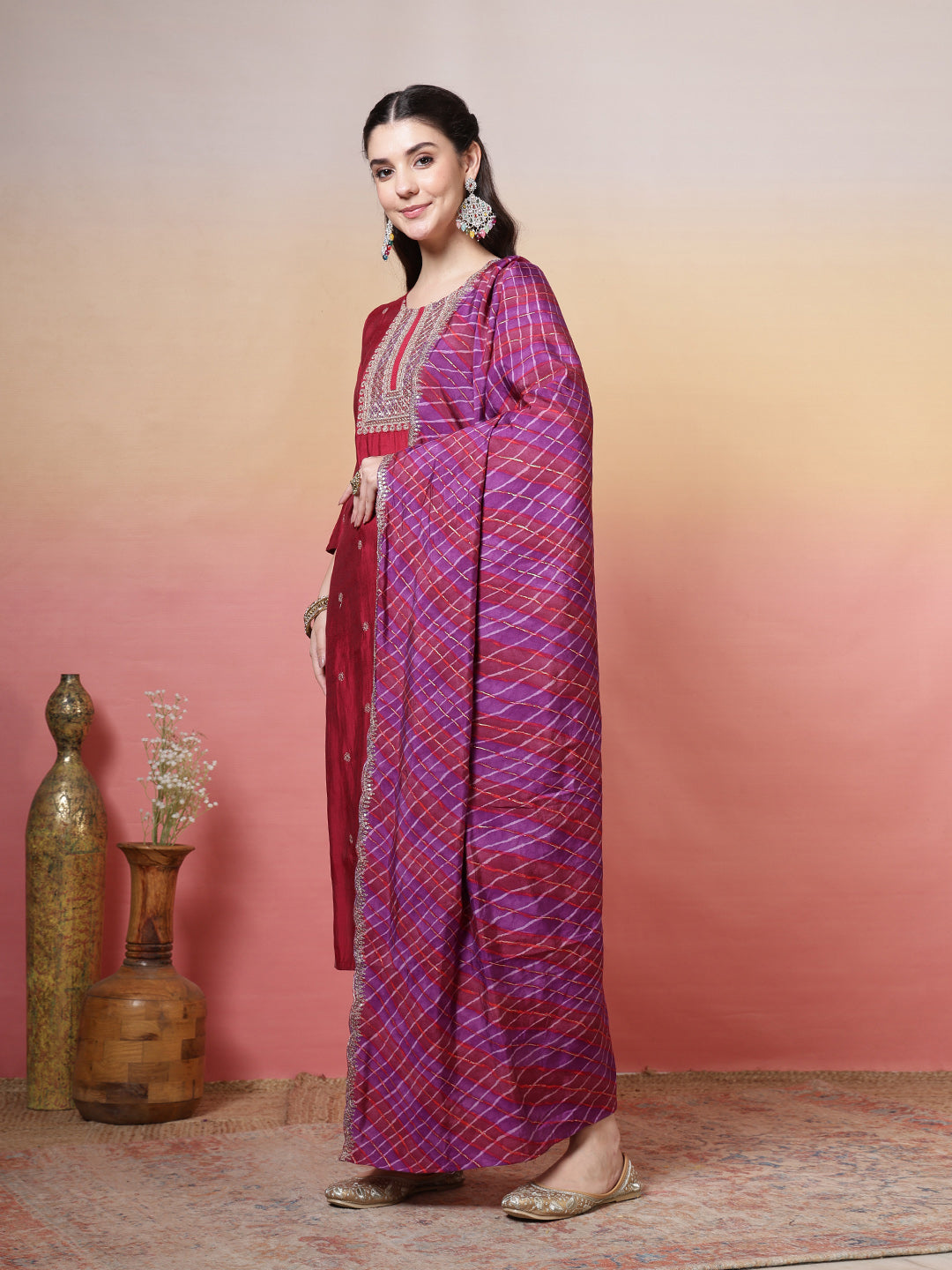 Printed Chanderi Kurta With Pants &amp; Dupatta