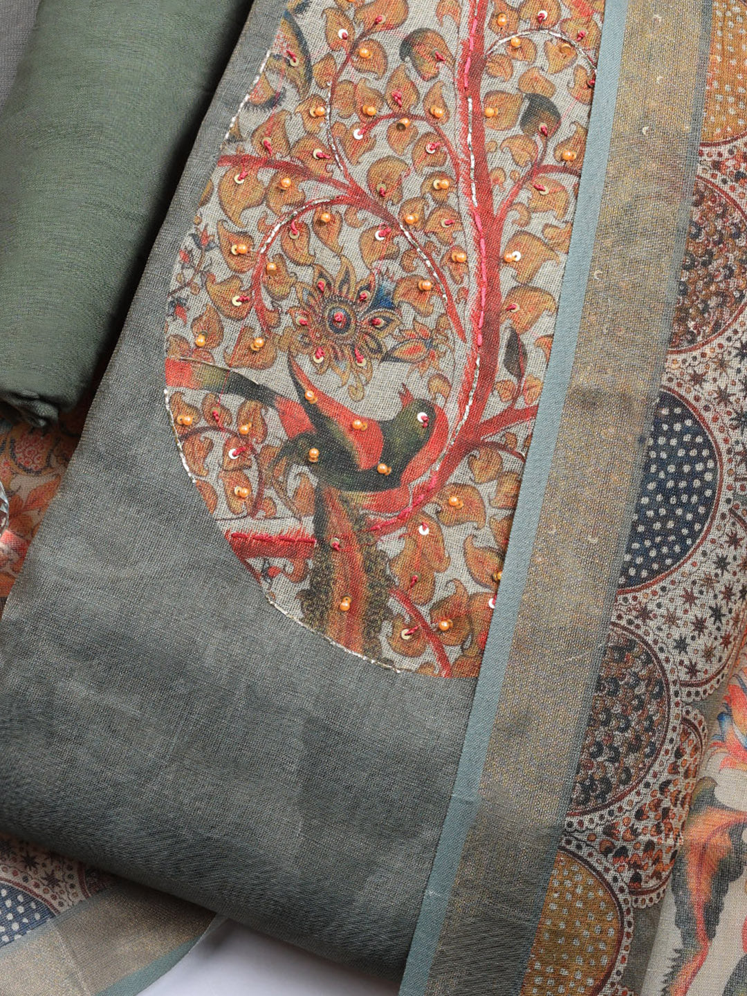Printed Linen Blend Unstitched Suit With Pant &amp; Dupatta