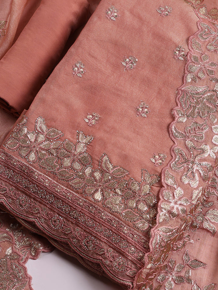 Embroidered Organza Unstitched Suit With Pant &amp; Dupatta