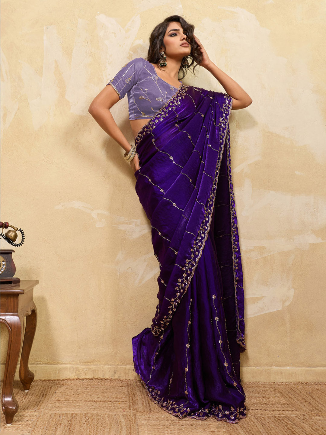 Embroidered Satin Velvet Saree