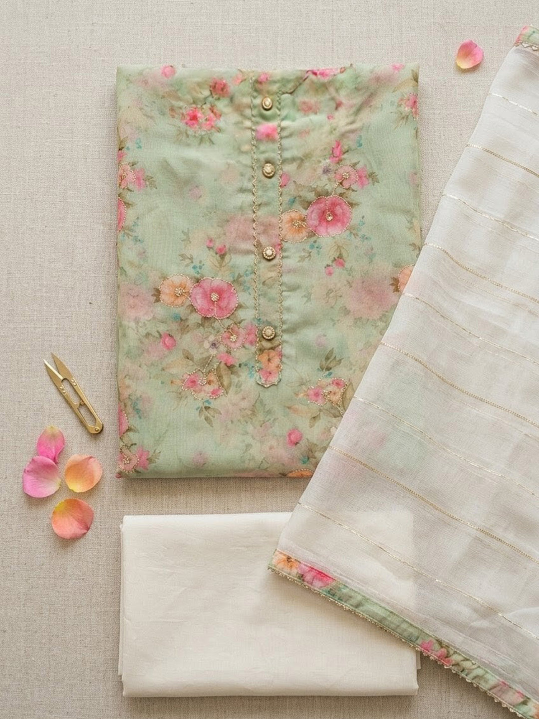 Printed Chanderi Unstitched Suit With Pant &amp; Dupatta