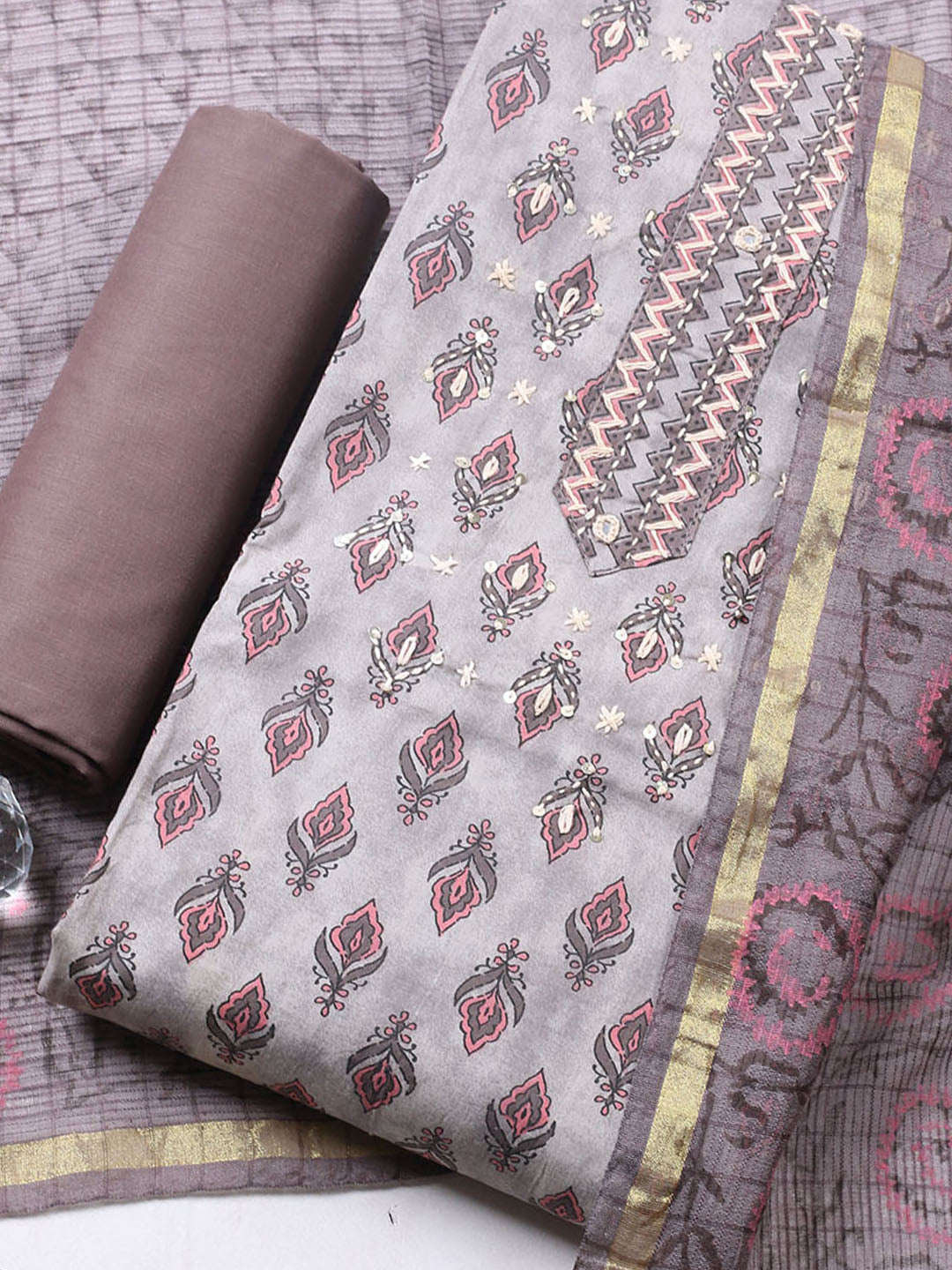 Printed Cotton Blend Unstitched Suit With Pant &amp; Dupatta