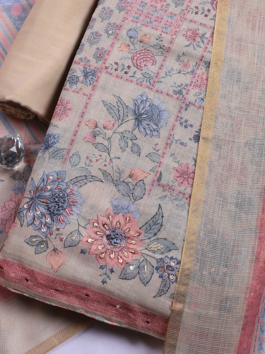 Printed Linen Blend Unstitched Suit With Pant &amp; Dupatta