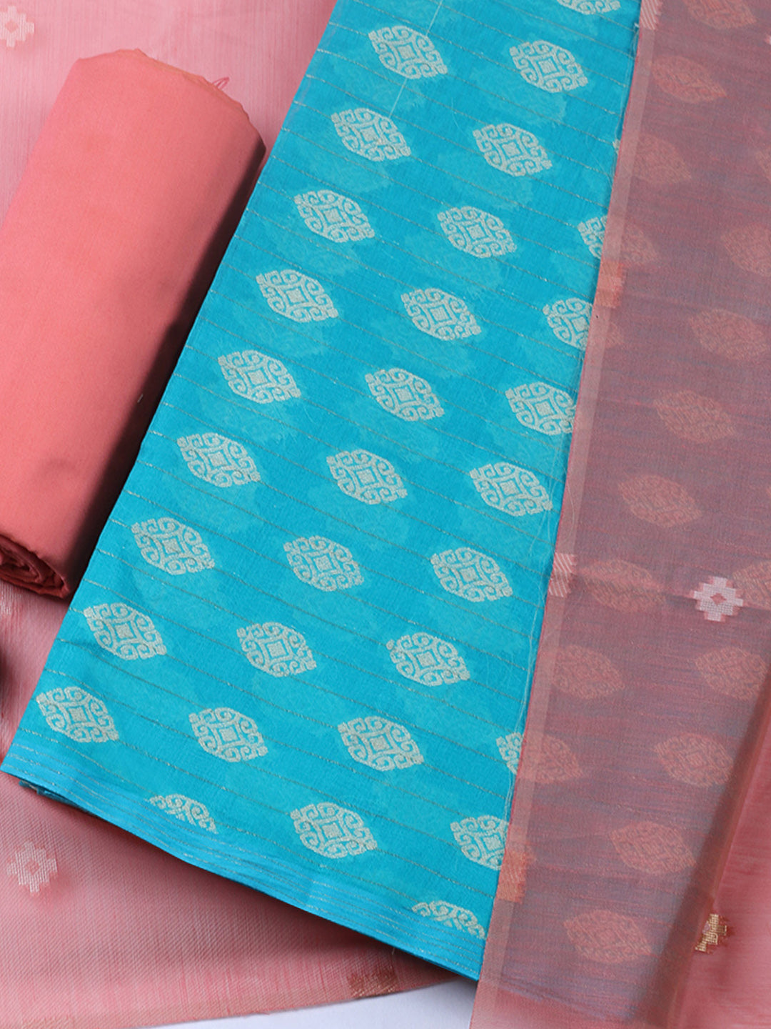 Printed Chanderi Unstitched Suit With Pant &amp; Dupatta