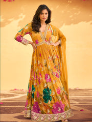 Printed & Embroidered Chinon Gown With Dupatta