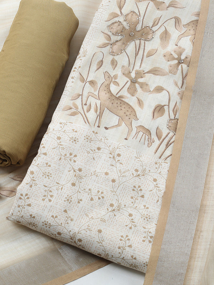 Printed Linen Blend Unstitched Suit With Pant &amp; Dupatta