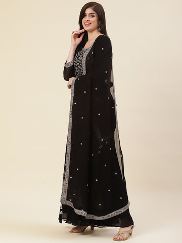 Zari Embroidered Booti Georgette Kurta With Palazzo & Dupatta