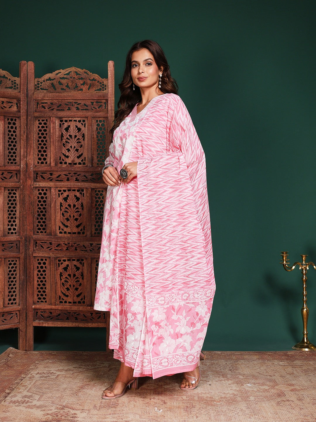 Printed Cotton Blend Kurta With Pant &amp; Dupatta