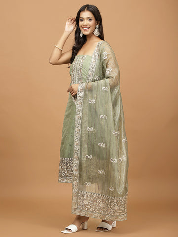 Neck Embroidered Organza Unstitched Suit Piece With Dupatta