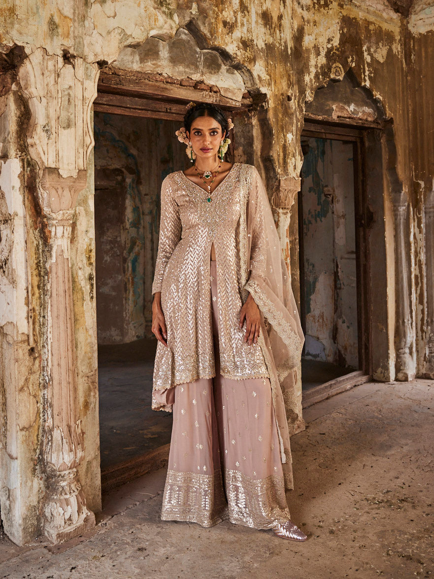 Sequin Embroidery Georgette Kurta With Sharara & Dupatta
