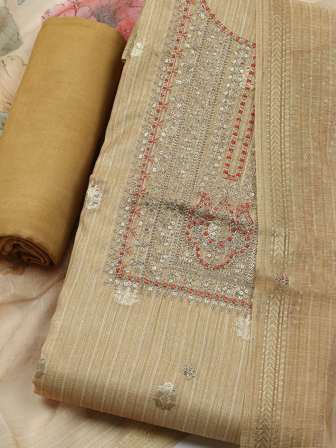 Embroidered Chanderi Unstitched Kurta With Pant & Dupatta