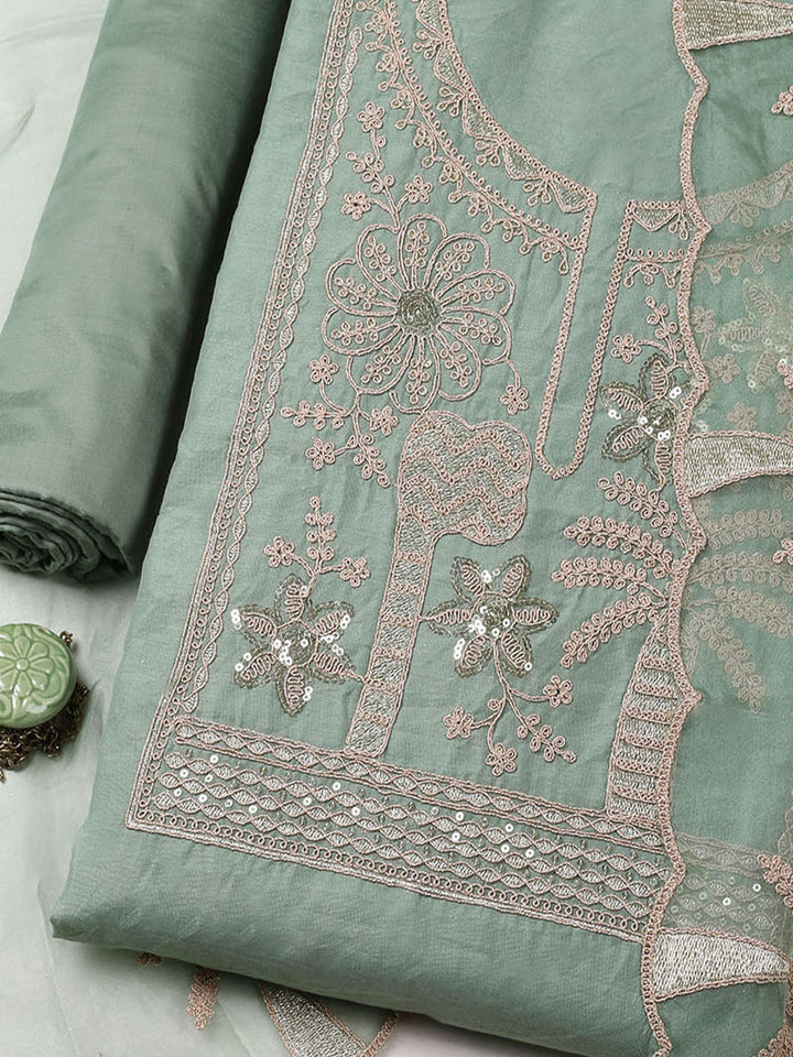 Embroidered Chanderi Unstitched Suit With Pant &amp; Dupatta