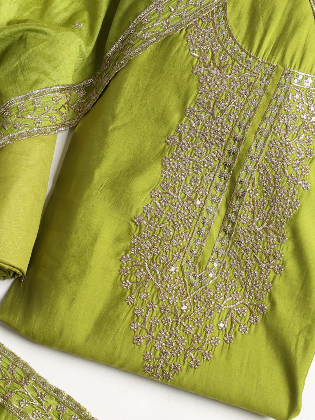Neck Embroidered Chanderi Unstitched Suit With Dupatta
