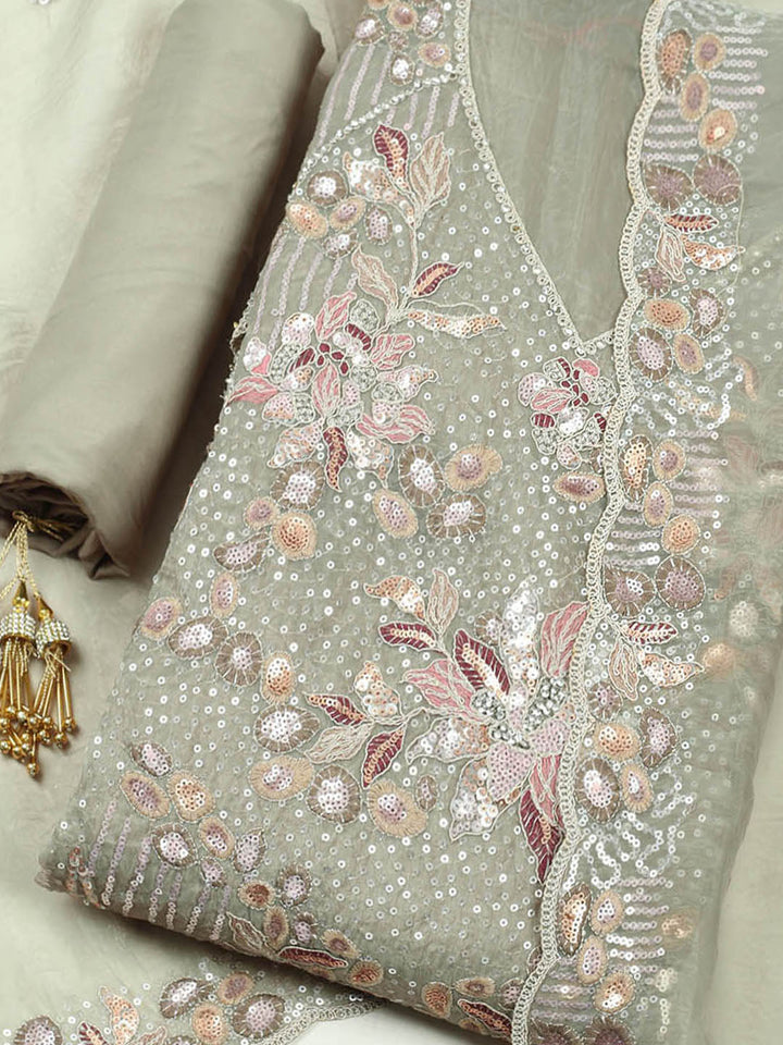 Embroidered Organza Unstitched Suit With Pant &amp; Dupatta