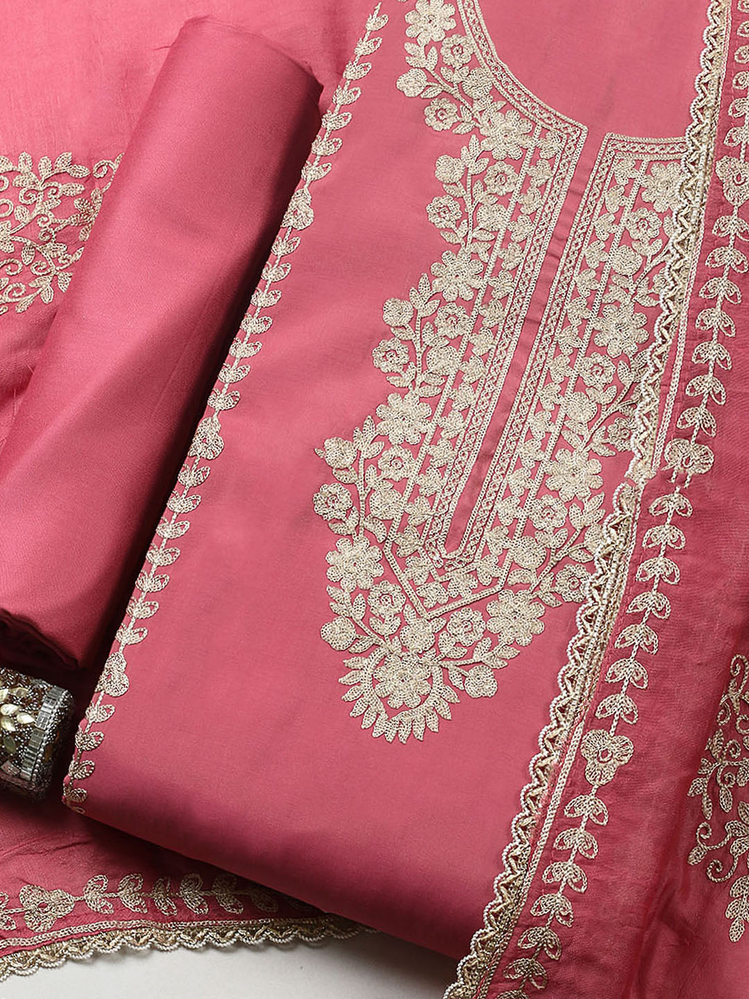 Embroidered Chanderi Unstitched Suit With Pant &amp; Dupatta