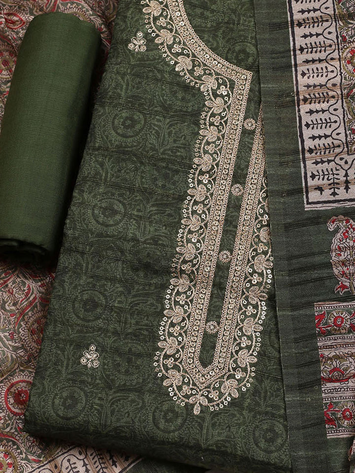 Embroidered Art Silk Unstitched Suit With Dupatta