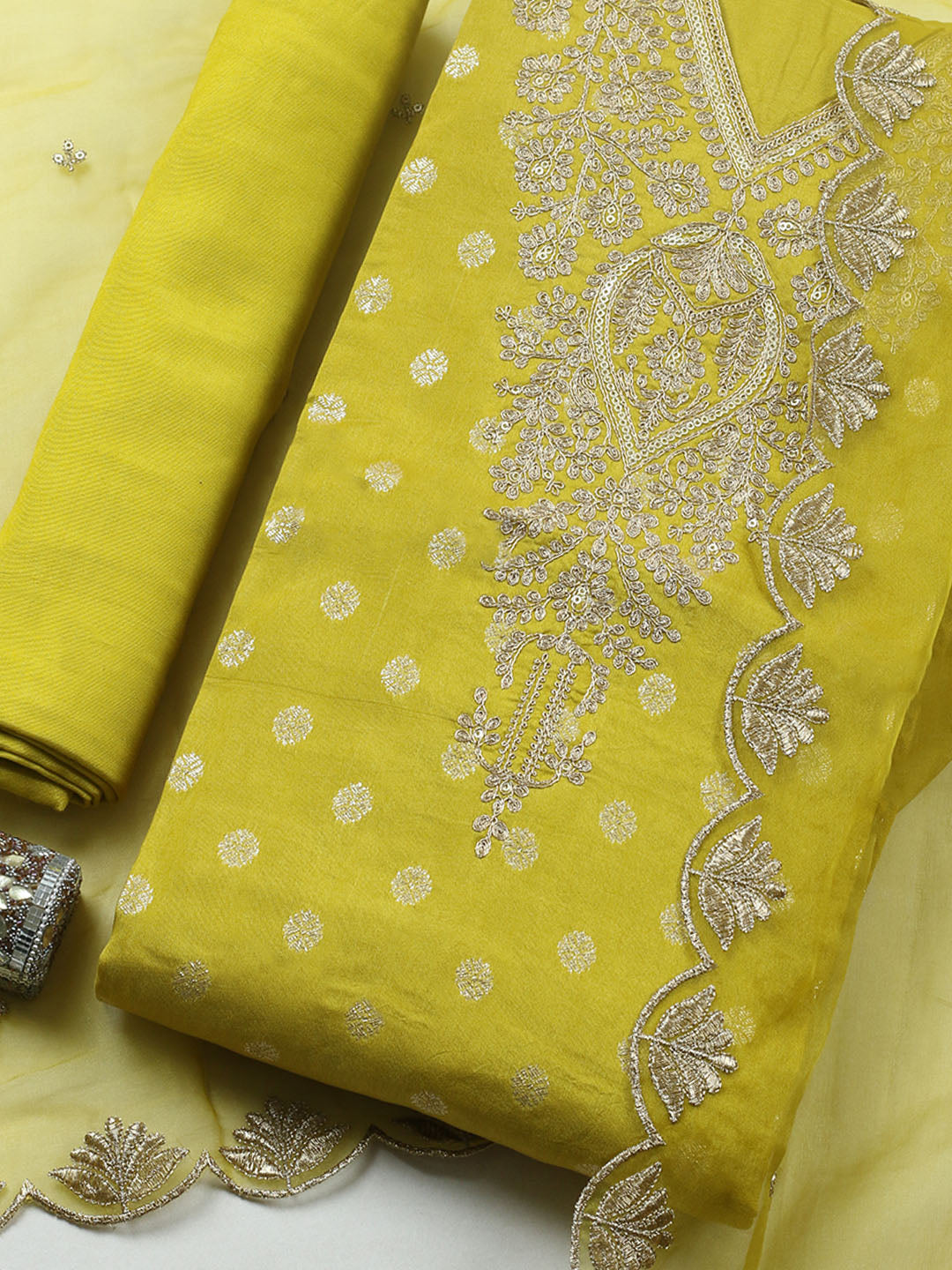 Embroidered Chanderi Unstitched Suit With Pant &amp; Dupatta