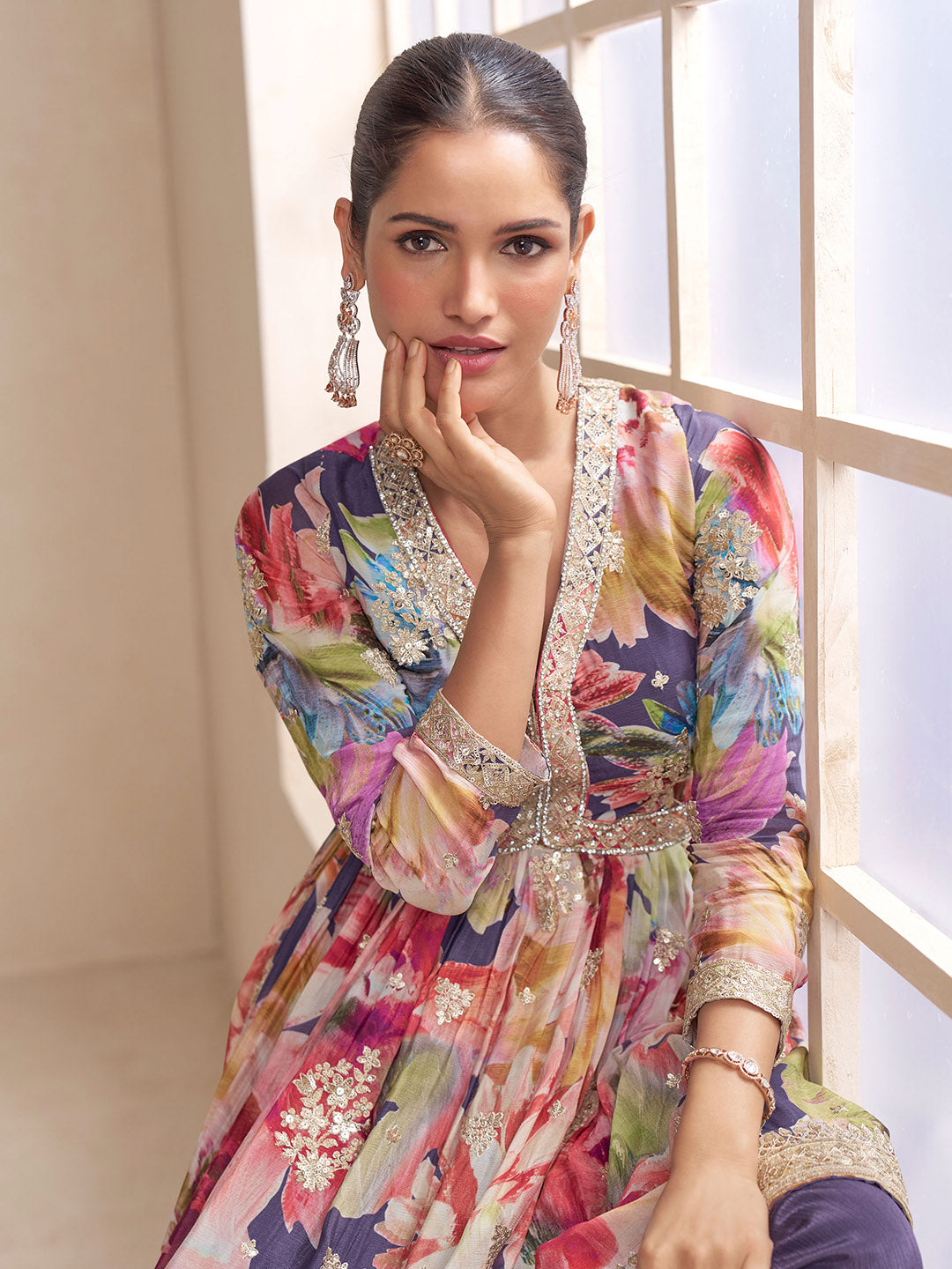 Embroidered Chinnon Kurti With Gharara &amp; Dupatta