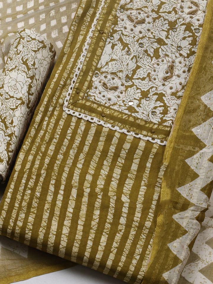 Embroidered Cotton Blend Unstitched Suit With Pant &amp; Dupatta