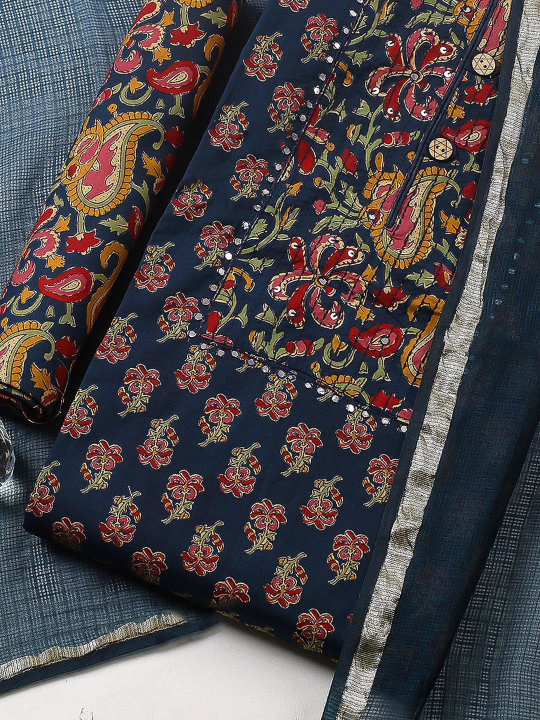 Embroidered Cotton Blend Unstitched Suit With Pant &amp; Dupatta