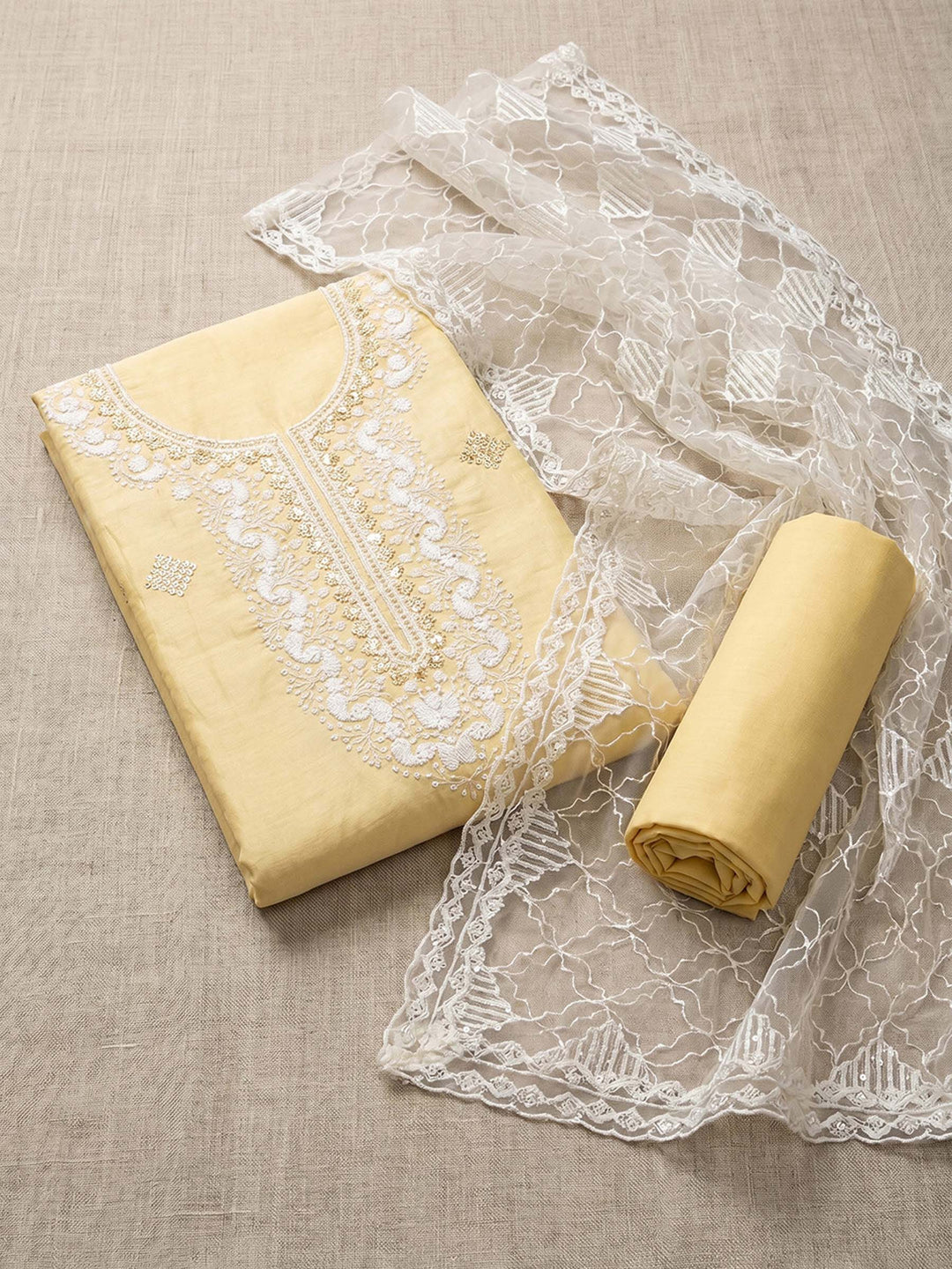 Neck Embroidered Chanderi Unstitched Suit With Dupatta