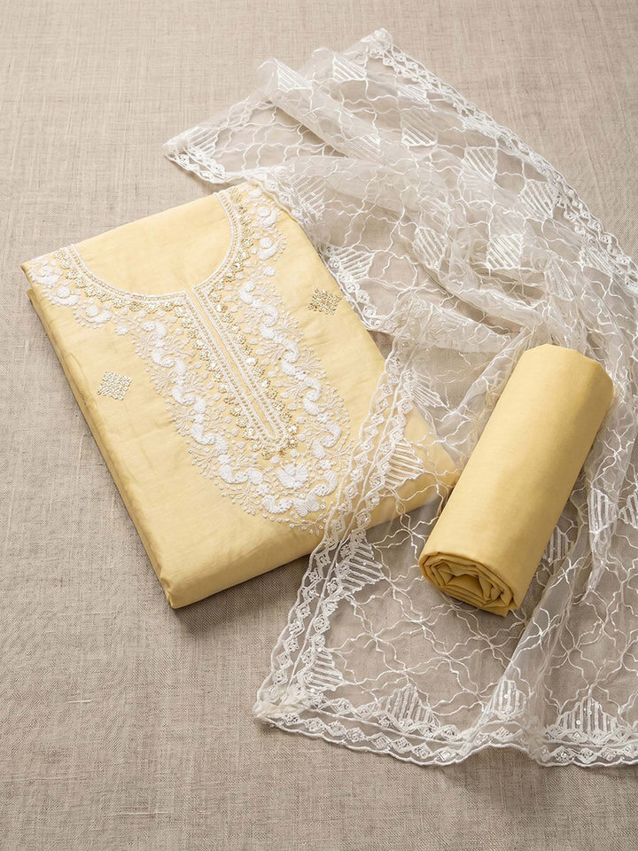 Neck Embroidered Chanderi Unstitched Suit With Dupatta