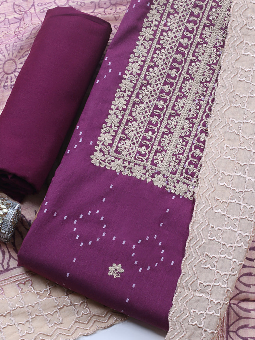 Embroidered Cotton Blend Unstitched Suit With Pant &amp; Dupatta