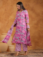 Printed Cotton Blend Kurta With Pants & Dupatta