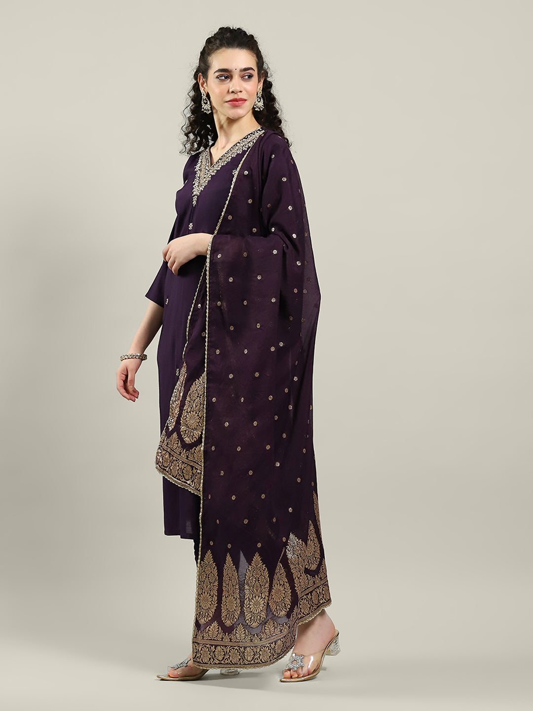 Embroidered Cotton Blend Kurta With Pants & Dupatta