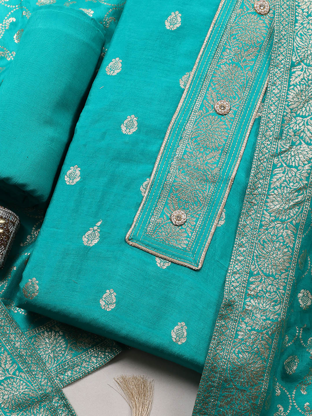 Embroidered Chanderi Unstitched Suit With Pant &amp; Dupatta