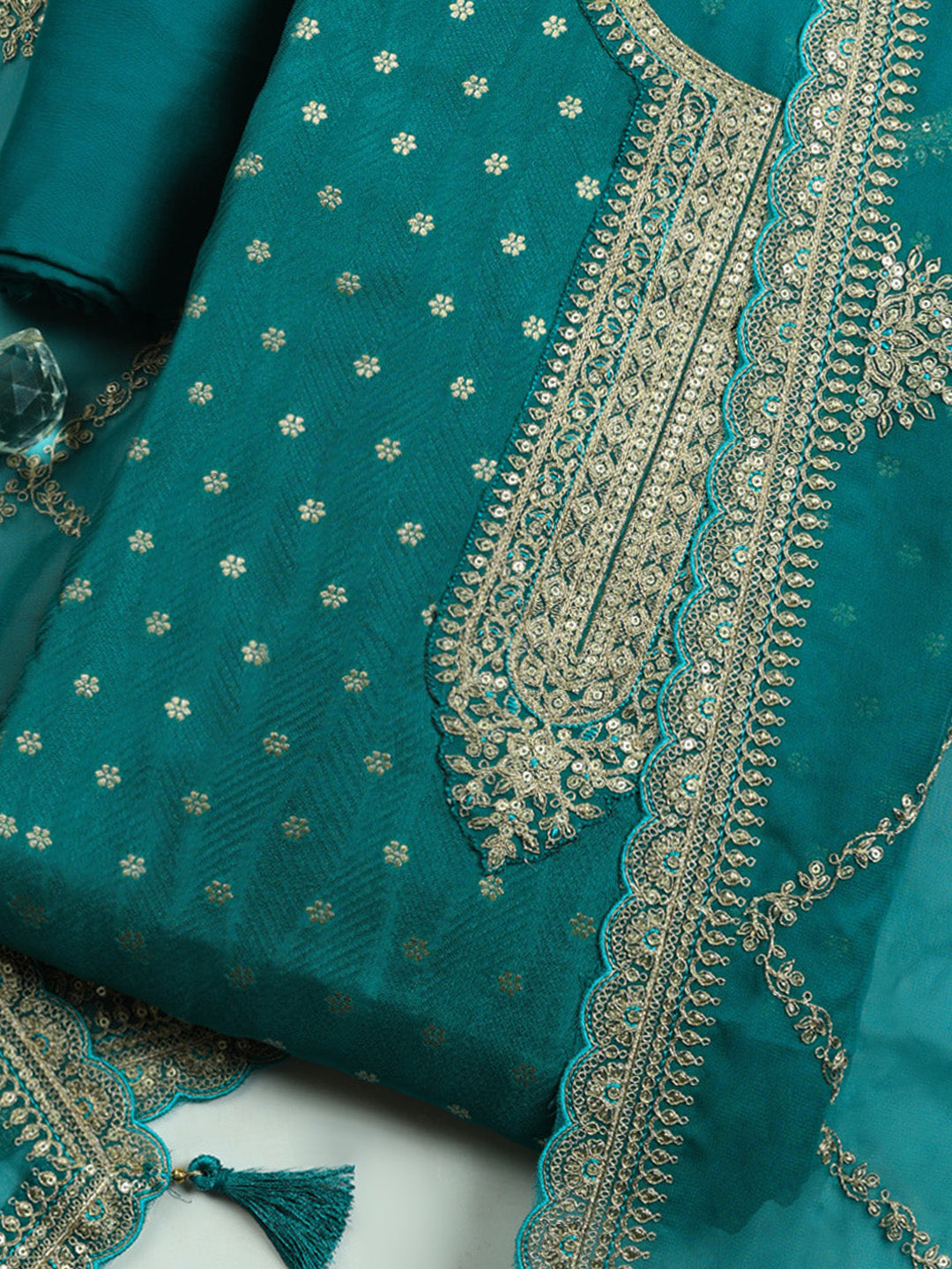 Embroidered Art Silk Unstitched Suit With Pant &amp; Dupatta