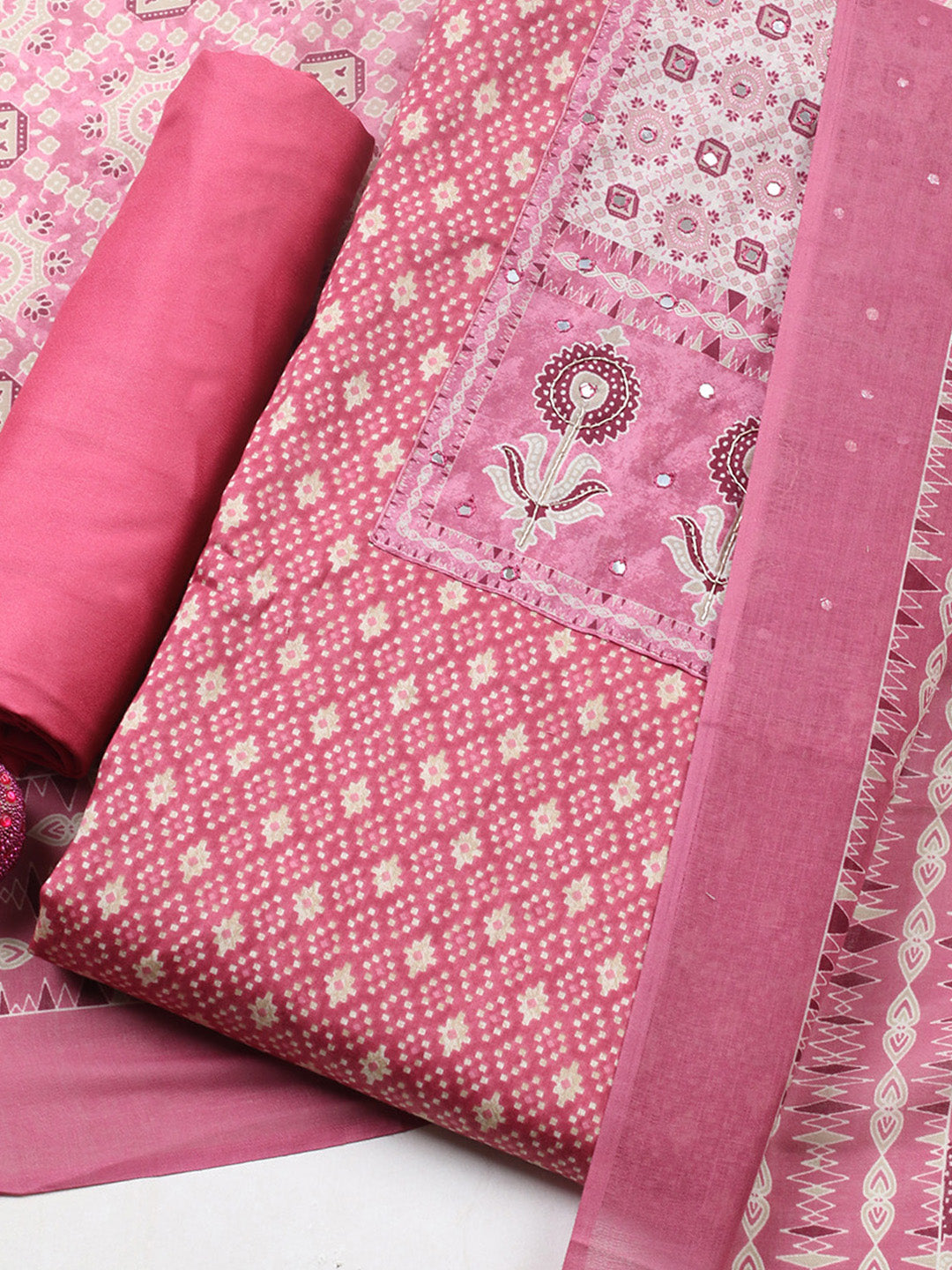 Printed Cotton Blend Unstitched Suit With Pant &amp; Dupatta