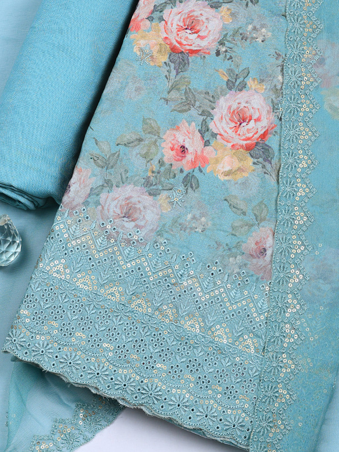 Embroidered Chanderi Unstitched Suit With Pant &amp; Dupatta