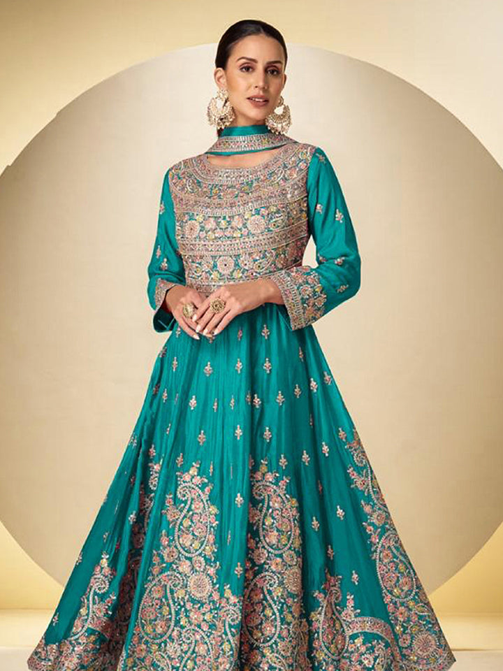 Embroidered Chinnon Kurta With Pant &amp; Dupatta