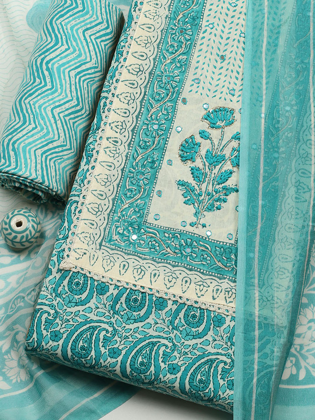 Printed Cotton Blend Unstitched Suit With Pant &amp; Dupatta