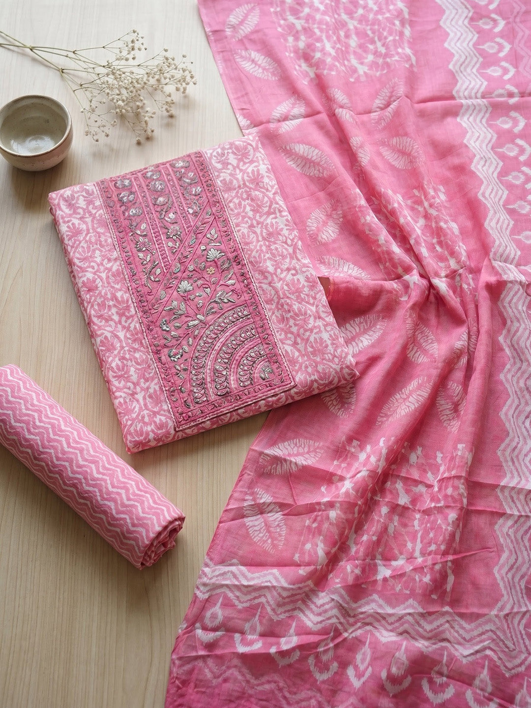 Printed Cotton Blend Unstitched Suit With Pant &amp; Dupatta