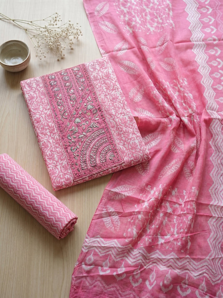Printed Cotton Blend Unstitched Suit With Pant &amp; Dupatta