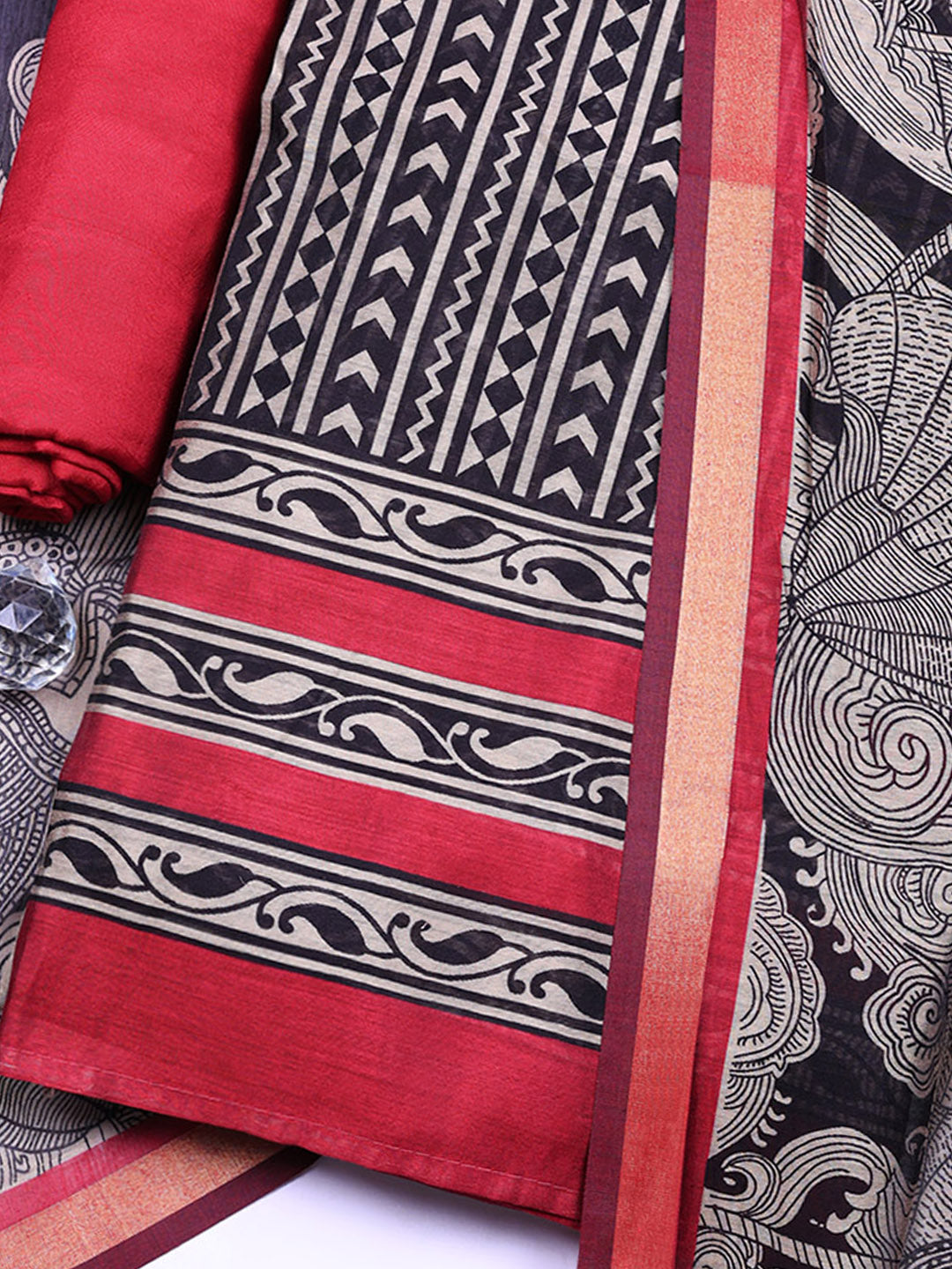Printed Chanderi Unstitched Suit With Pant &amp; Dupatta