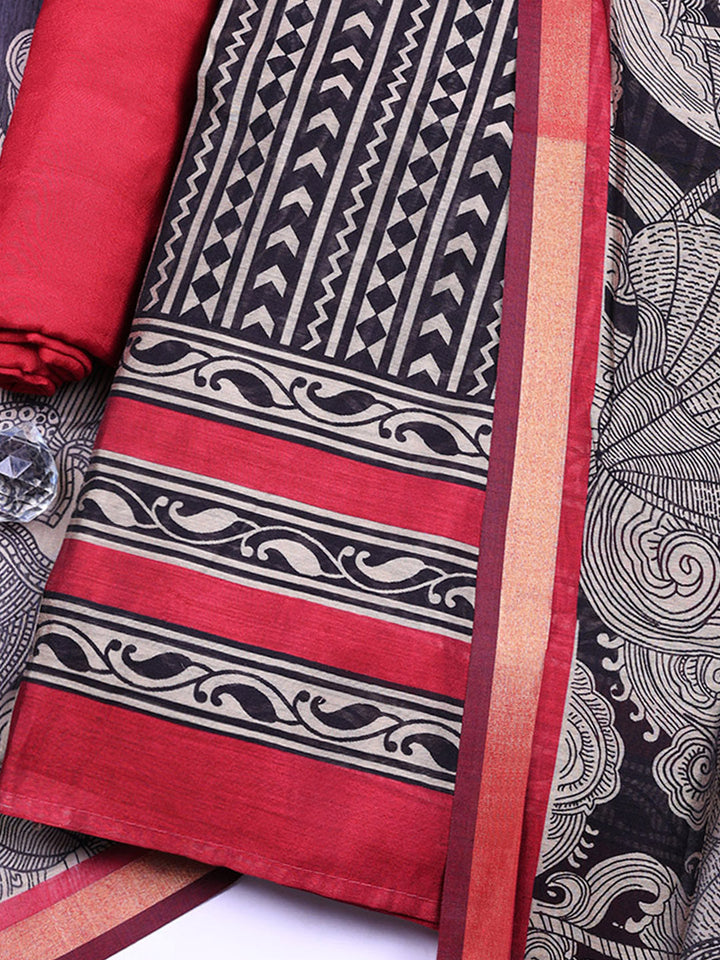 Printed Chanderi Unstitched Suit With Pant &amp; Dupatta