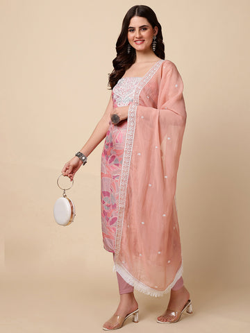 Neck Embroidery Linen Unstitched Suit With Dupatta