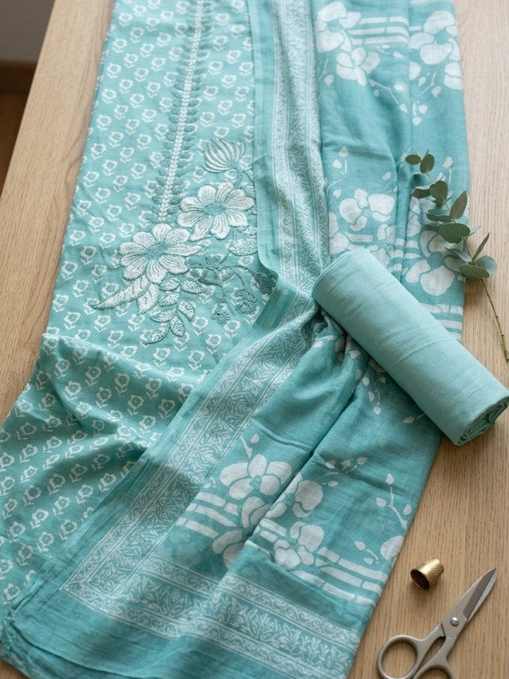 Printed Cotton Blend Unstitched Suit With Pant &amp; Dupatta