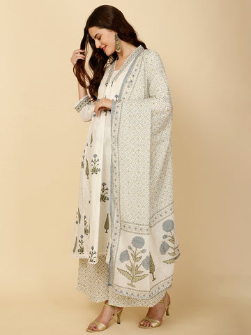 Block Printed Cotton Kurta With Palazzo & Dupatta