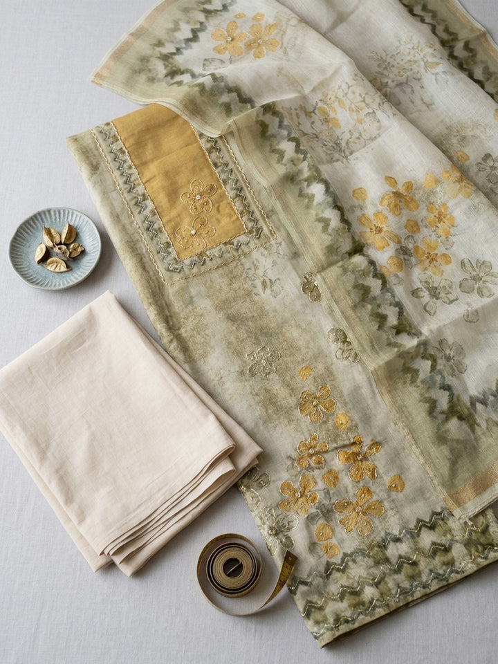 Printed Linen Blend Unstitched Suit With Pant &amp; Dupatta