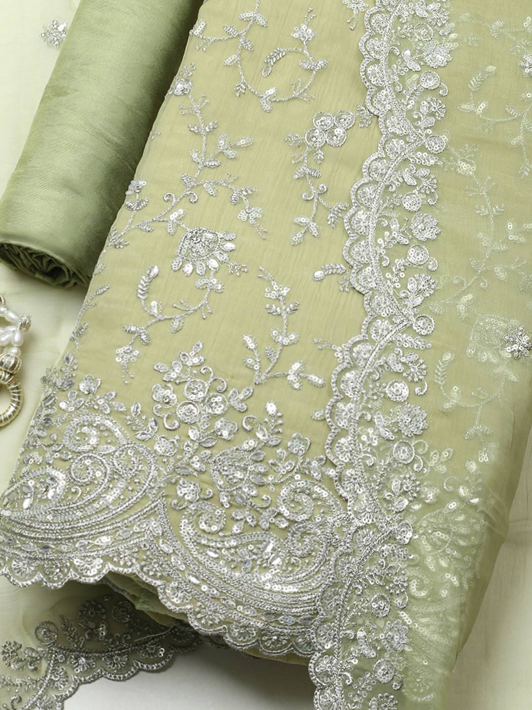 Embroidered Organza Unstitched Suit With Pant &amp; Dupatta