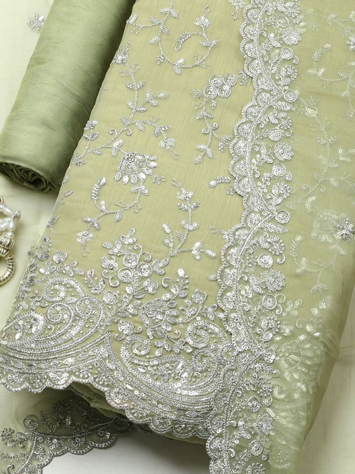 Embroidered Organza Unstitched Suit With Pant &amp; Dupatta